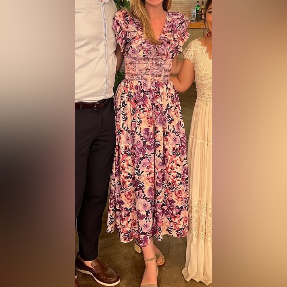 Something Navy Natalie Smocked Floral Midi Dress in Purple